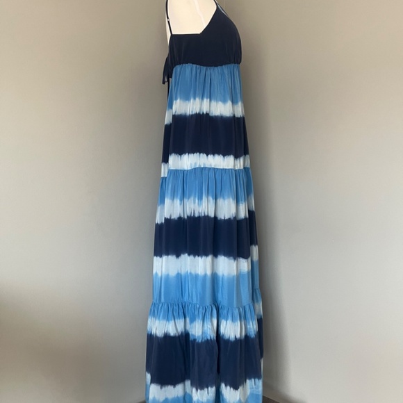 Gerard Darel Silk Maxi Navy Blue Striped Tiered Cocktail Flowy Printed Dress 6 - Picture 5 of 13